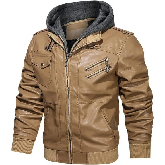 Men’s Stand Collar PU Faux Khaki Leather Zipper Motorcycle Bomber Jacket - Picture 4 of 6